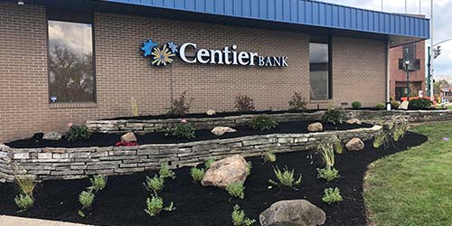 Freshly installed landscape bed and mulch around Centier Bank in Granger, IN.