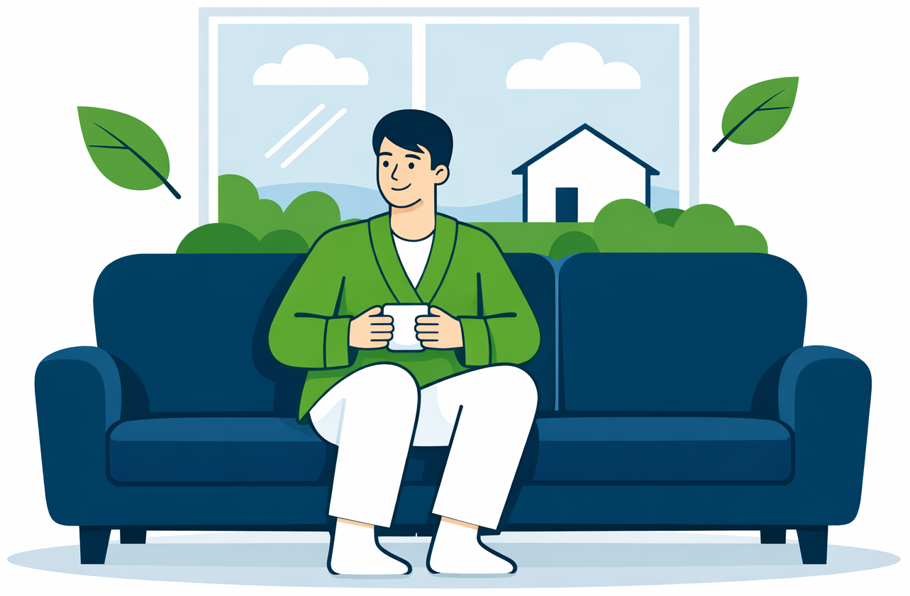 ChatGPT Image Dec 18, 2025, 11_50_52 AM Illustration of a man sitting on his couch, relaxing while a lawn treatment company takes care of his lawn